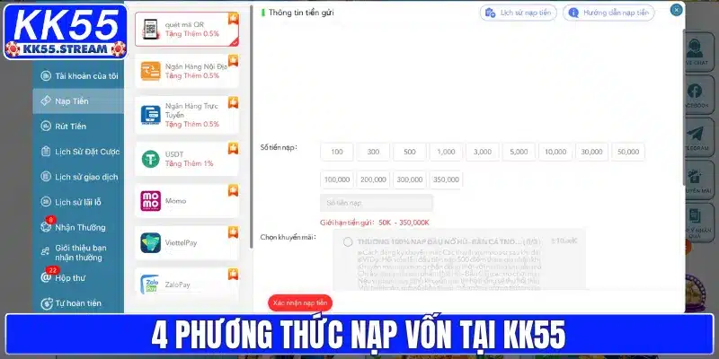 4 phương thức nạp vốn tại KK55